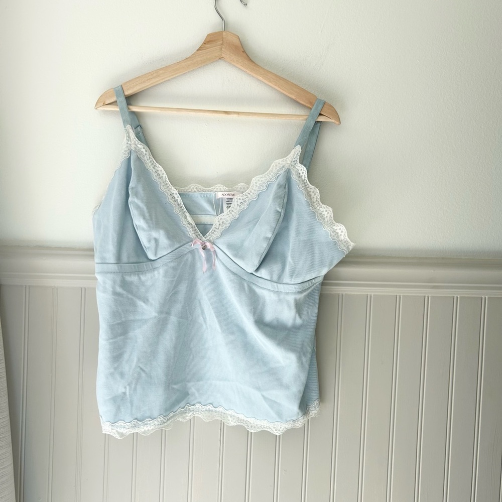 Adore Me 2X Sky Blue Ribbed Lace Trim V-Neck Cami Tank Top